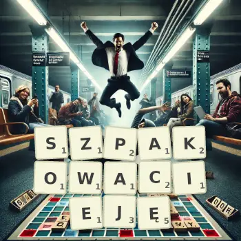 Kreatywna ilustracja do gry w Scrabble ze słowem SZPAKOWACIEJĘ ułożonym z płytek na planszy.