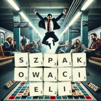 Kreatywna ilustracja do gry w Scrabble ze słowem SZPAKOWACIELI ułożonym z płytek na planszy.