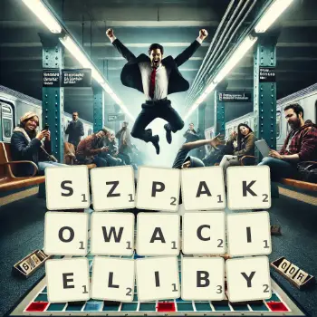 Kreatywna ilustracja do gry w Scrabble ze słowem SZPAKOWACIELIBY ułożonym z płytek na planszy.