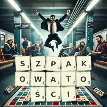 Kreatywna ilustracja do gry w Scrabble ze słowem SZPAKOWATOŚCI ułożonym z płytek na planszy.