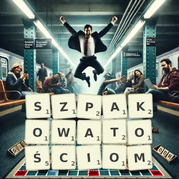 Kreatywna ilustracja do gry w Scrabble ze słowem SZPAKOWATOŚCIOM ułożonym z płytek na planszy.