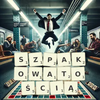 Kreatywna ilustracja do gry w Scrabble ze słowem SZPAKOWATOŚCIĄ ułożonym z płytek na planszy.