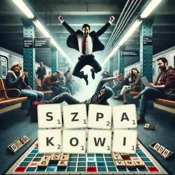 Kreatywna ilustracja do gry w Scrabble ze słowem SZPAKOWI ułożonym z płytek na planszy.