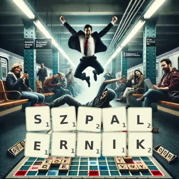 Kreatywna ilustracja do gry w Scrabble ze słowem SZPALERNIK ułożonym z płytek na planszy.