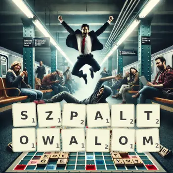 Kreatywna ilustracja do gry w Scrabble ze słowem SZPALTOWALOM ułożonym z płytek na planszy.