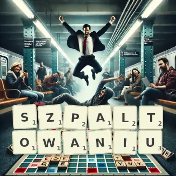 Kreatywna ilustracja do gry w Scrabble ze słowem SZPALTOWANIU ułożonym z płytek na planszy.