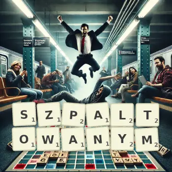 Kreatywna ilustracja do gry w Scrabble ze słowem SZPALTOWANYM ułożonym z płytek na planszy.
