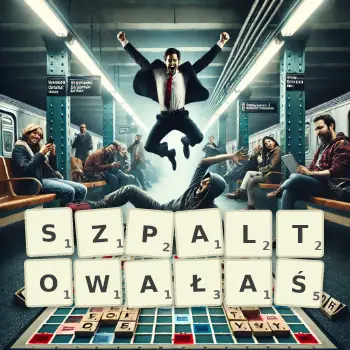 Kreatywna ilustracja do gry w Scrabble ze słowem SZPALTOWAŁAŚ ułożonym z płytek na planszy.