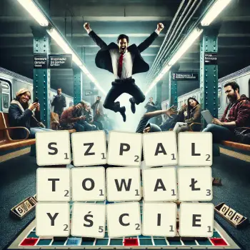 Kreatywna ilustracja do gry w Scrabble ze słowem SZPALTOWAŁYŚCIE ułożonym z płytek na planszy.
