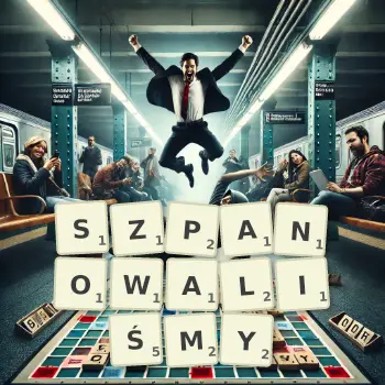 Kreatywna ilustracja do gry w Scrabble ze słowem SZPANOWALIŚMY ułożonym z płytek na planszy.