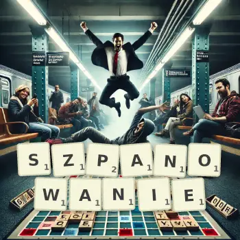 Kreatywna ilustracja do gry w Scrabble ze słowem SZPANOWANIE ułożonym z płytek na planszy.