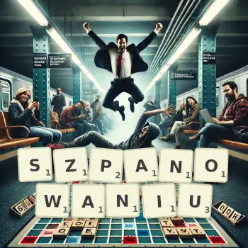 Kreatywna ilustracja do gry w Scrabble ze słowem SZPANOWANIU ułożonym z płytek na planszy.