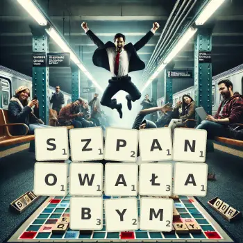 Kreatywna ilustracja do gry w Scrabble ze słowem SZPANOWAŁABYM ułożonym z płytek na planszy.