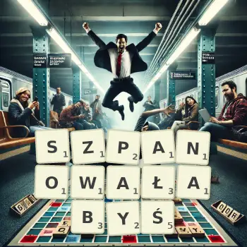 Kreatywna ilustracja do gry w Scrabble ze słowem SZPANOWAŁABYŚ ułożonym z płytek na planszy.