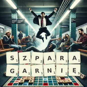 Kreatywna ilustracja do gry w Scrabble ze słowem SZPARAGARNIĘ ułożonym z płytek na planszy.
