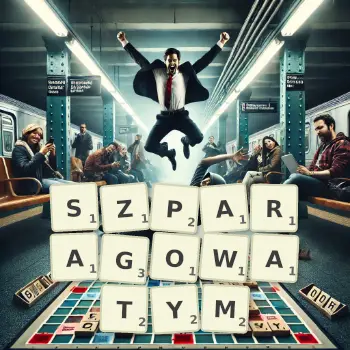 Kreatywna ilustracja do gry w Scrabble ze słowem SZPARAGOWATYM ułożonym z płytek na planszy.