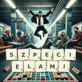 Kreatywna ilustracja do gry w Scrabble ze słowem SZPECIELAMI ułożonym z płytek na planszy.