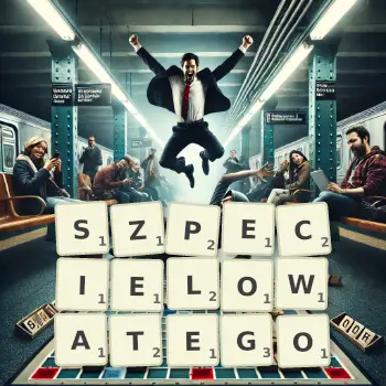 Kreatywna ilustracja do gry w Scrabble ze słowem SZPECIELOWATEGO ułożonym z płytek na planszy.
