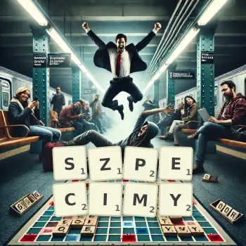 Kreatywna ilustracja do gry w Scrabble ze słowem SZPECIMY ułożonym z płytek na planszy.