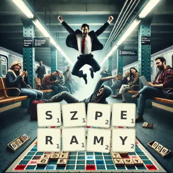 Kreatywna ilustracja do gry w Scrabble ze słowem SZPERAMY ułożonym z płytek na planszy.