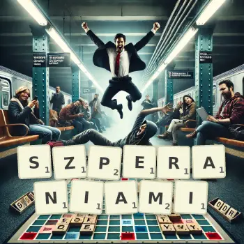 Kreatywna ilustracja do gry w Scrabble ze słowem SZPERANIAMI ułożonym z płytek na planszy.