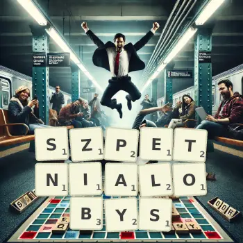 Kreatywna ilustracja do gry w Scrabble ze słowem SZPETNIALOBYS ułożonym z płytek na planszy.