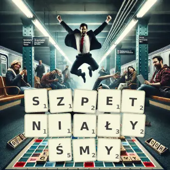 Kreatywna ilustracja do gry w Scrabble ze słowem SZPETNIAŁYŚMY ułożonym z płytek na planszy.