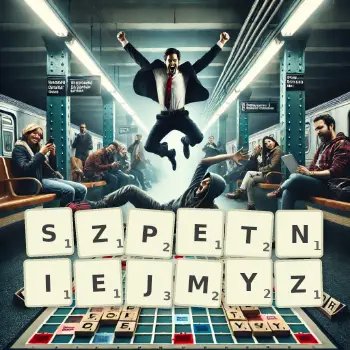 Kreatywna ilustracja do gry w Scrabble ze słowem SZPETNIEJMYZ ułożonym z płytek na planszy.