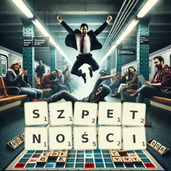 Kreatywna ilustracja do gry w Scrabble ze słowem SZPETNOŚCI ułożonym z płytek na planszy.