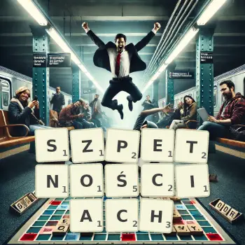 Kreatywna ilustracja do gry w Scrabble ze słowem SZPETNOŚCIACH ułożonym z płytek na planszy.