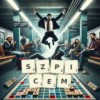 Kreatywna ilustracja do gry w Scrabble ze słowem SZPICEM ułożonym z płytek na planszy.