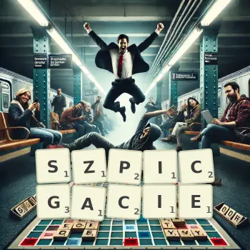 Kreatywna ilustracja do gry w Scrabble ze słowem SZPICGACIE ułożonym z płytek na planszy.