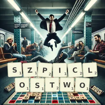 Kreatywna ilustracja do gry w Scrabble ze słowem SZPICLOSTWO ułożonym z płytek na planszy.