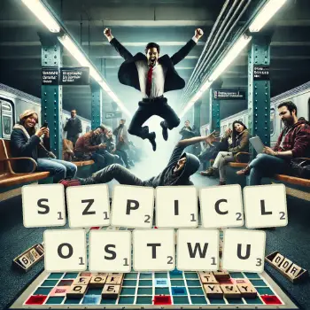Kreatywna ilustracja do gry w Scrabble ze słowem SZPICLOSTWU ułożonym z płytek na planszy.