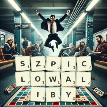Kreatywna ilustracja do gry w Scrabble ze słowem SZPICLOWALIBY ułożonym z płytek na planszy.
