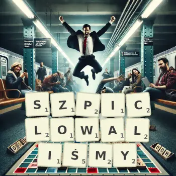 Kreatywna ilustracja do gry w Scrabble ze słowem SZPICLOWALIŚMY ułożonym z płytek na planszy.