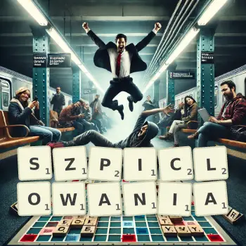 Kreatywna ilustracja do gry w Scrabble ze słowem SZPICLOWANIA ułożonym z płytek na planszy.