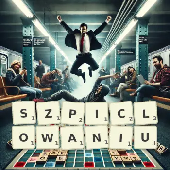 Kreatywna ilustracja do gry w Scrabble ze słowem SZPICLOWANIU ułożonym z płytek na planszy.