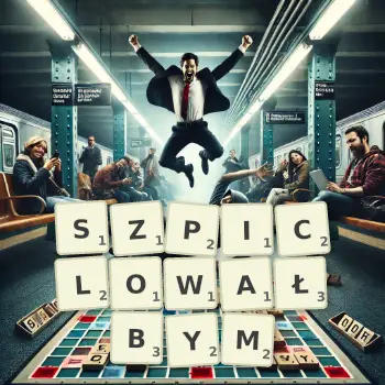 Kreatywna ilustracja do gry w Scrabble ze słowem SZPICLOWAŁBYM ułożonym z płytek na planszy.