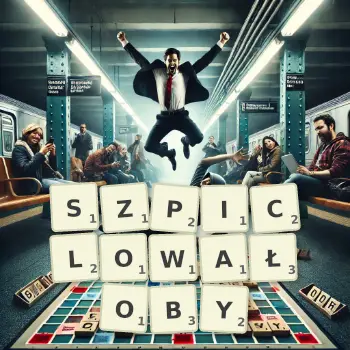 Kreatywna ilustracja do gry w Scrabble ze słowem SZPICLOWAŁOBY ułożonym z płytek na planszy.