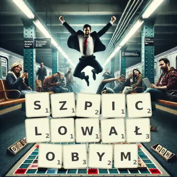 Kreatywna ilustracja do gry w Scrabble ze słowem SZPICLOWAŁOBYM ułożonym z płytek na planszy.