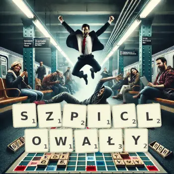 Kreatywna ilustracja do gry w Scrabble ze słowem SZPICLOWAŁY ułożonym z płytek na planszy.