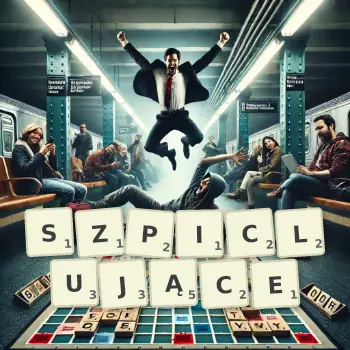 Kreatywna ilustracja do gry w Scrabble ze słowem SZPICLUJĄCE ułożonym z płytek na planszy.