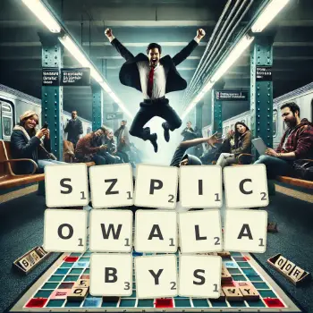 Kreatywna ilustracja do gry w Scrabble ze słowem SZPICOWALABYS ułożonym z płytek na planszy.