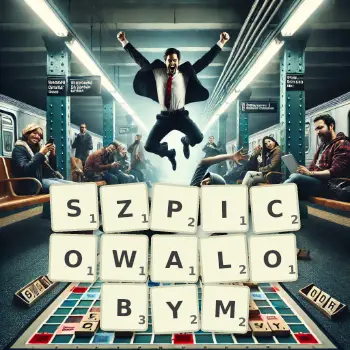 Kreatywna ilustracja do gry w Scrabble ze słowem SZPICOWALOBYM ułożonym z płytek na planszy.
