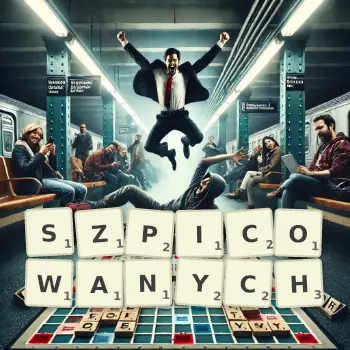 Kreatywna ilustracja do gry w Scrabble ze słowem SZPICOWANYCH ułożonym z płytek na planszy.