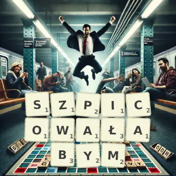 Kreatywna ilustracja do gry w Scrabble ze słowem SZPICOWAŁABYM ułożonym z płytek na planszy.