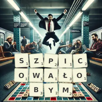 Kreatywna ilustracja do gry w Scrabble ze słowem SZPICOWAŁOBYM ułożonym z płytek na planszy.