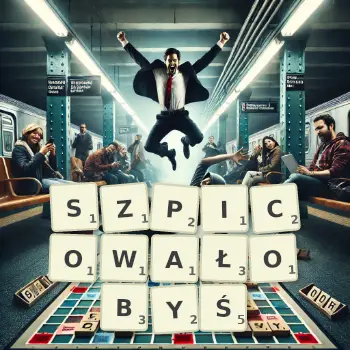 Kreatywna ilustracja do gry w Scrabble ze słowem SZPICOWAŁOBYŚ ułożonym z płytek na planszy.