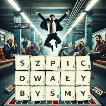 Kreatywna ilustracja do gry w Scrabble ze słowem SZPICOWAŁYBYŚMY ułożonym z płytek na planszy.